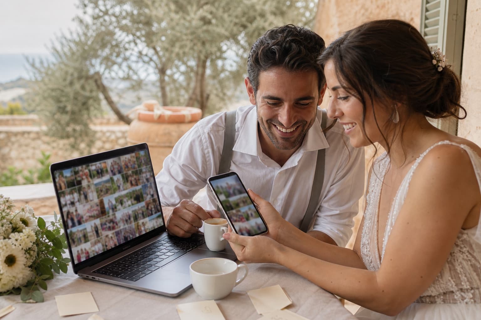 Pareja recién casada comparando un álbum compartido en el ordenador con una experiencia privada de fotos en el móvil