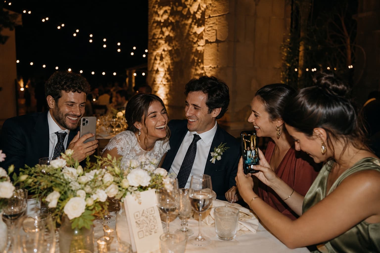 Novios e invitados fotografiando momentos espontáneos durante el banquete de una boda